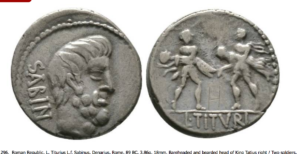 RR001-Sabine Abduction, Rome, 89bce denar. by L. Titurius L. f. Sabinus, VC321-LCG-3 161110 a+